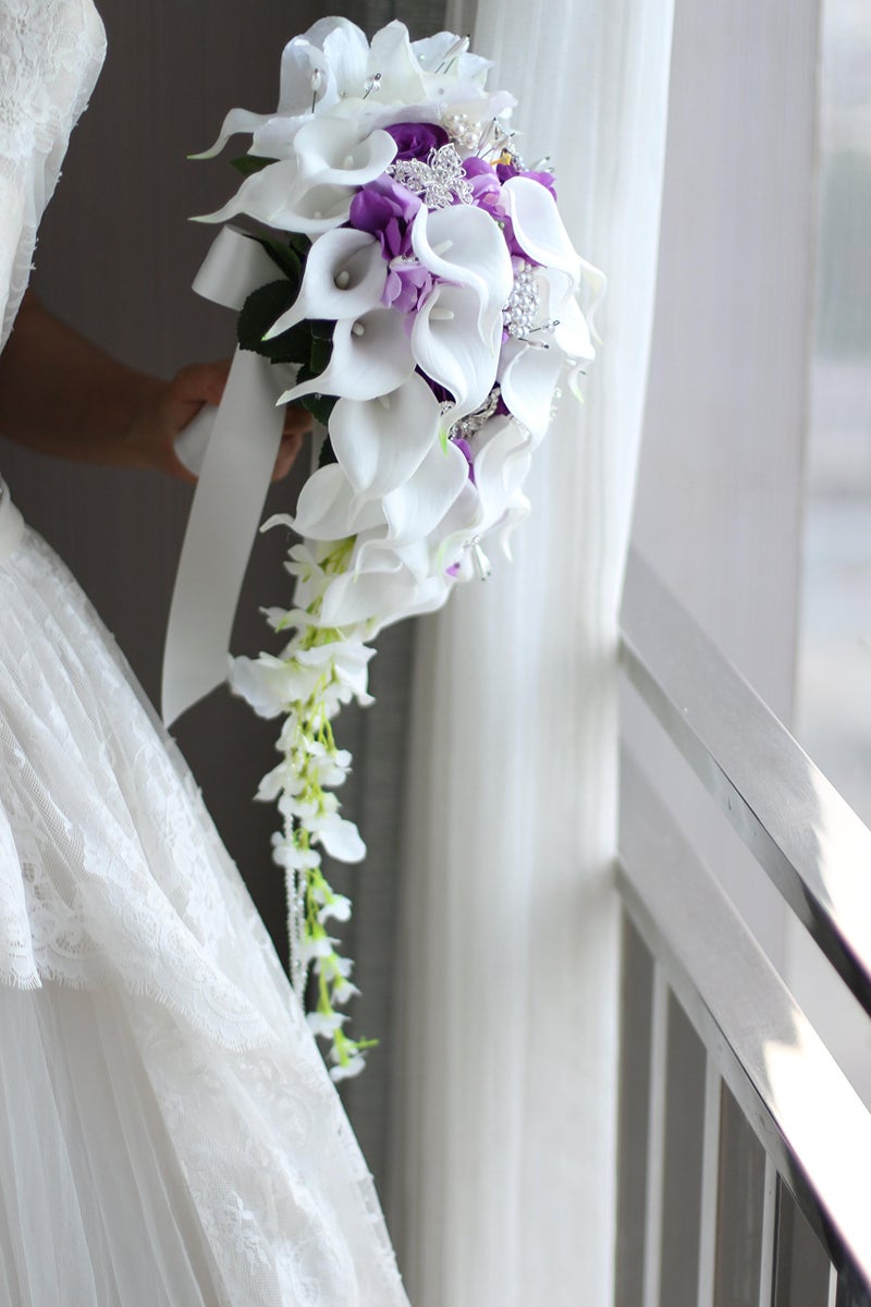 IFFO New Bridal Bouquet, Wedding Flowers, Calla Lilies, Artificial Flowers, Waterfalls, Water Drop Style, Collection Decorations (Purple) - Image 5